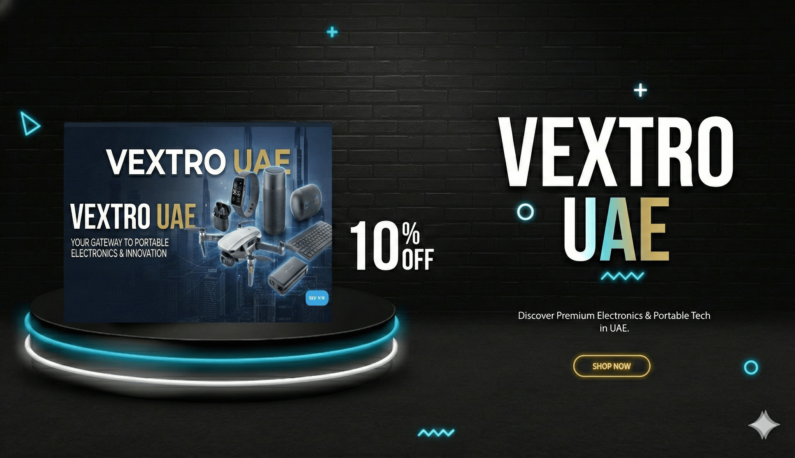 Vextro UAE promotional banner with electronic products and discount offer on a dark background